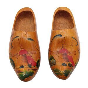 Vintage Dutch Wooden Clogs 12" Carved Hand-Painted Windmill Holland Heritage